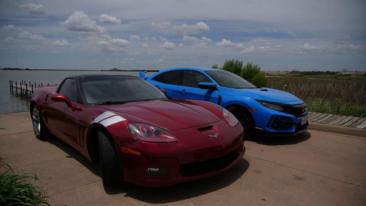 A Chevrolet Corvette and Honda Civic Type R by a lake in Wichita Falls, Texas.