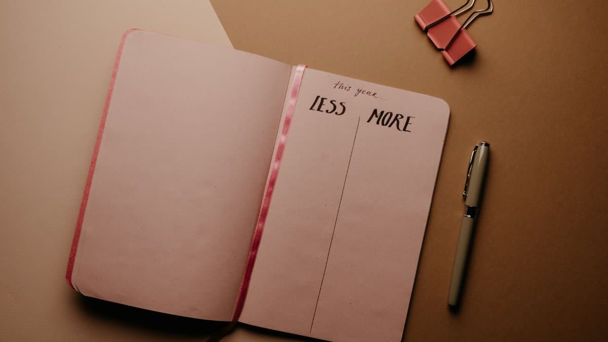 Open notebook for setting New Year resolutions with a pen on a brown background.