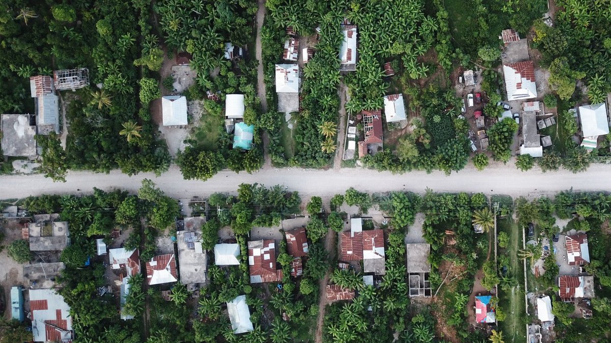 Aerial view of lush rural area in Port-au-Prince, Haiti, showcasing greenery and houses.