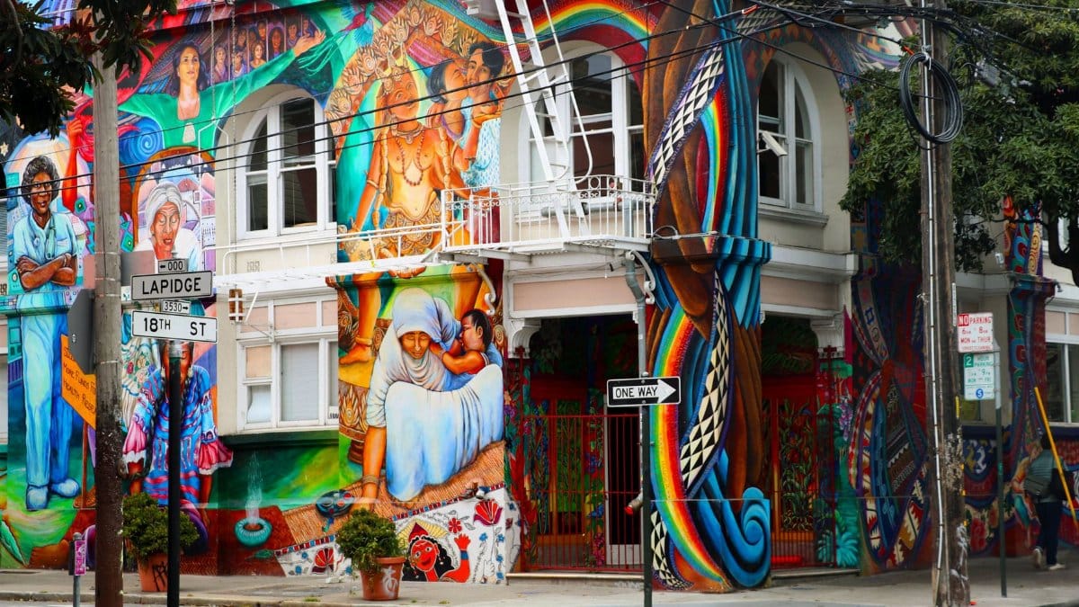 Colorful murals adorn the iconic Women's Building in San Francisco's Mission District, exemplifying urban creativity.