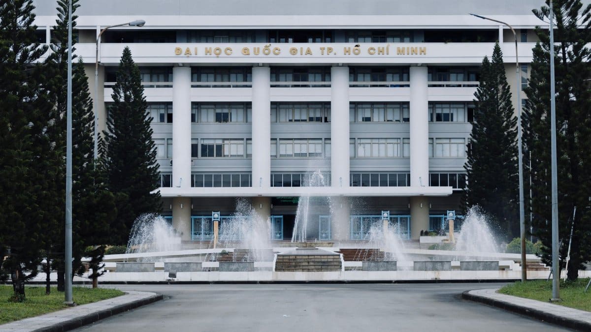 Main entrance of Ho Chi Minh City National University with a fountain view, Vietnam.