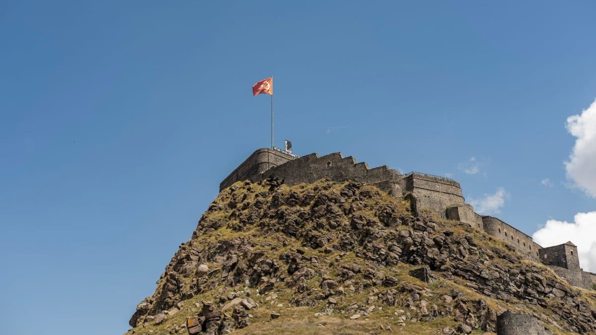 Kars Castle, a prominent historical fortress in Türkiye, under a clear blue sky.