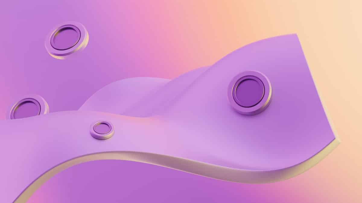 A 3D abstract design featuring pastel purple waves and circular elements on a creamy background.