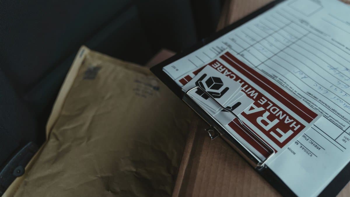 A detailed view of postal packages and delivery paperwork inside a van, emphasizing logistics.
