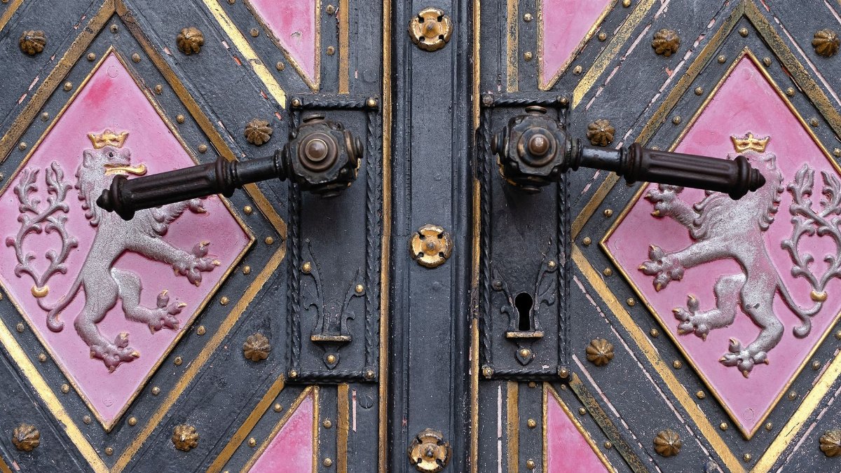 Close-up of a decorative medieval door with lion emblems and intricate design elements.