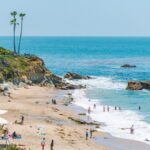A scenic view of Laguna Beach, California with palm trees and people enjoying a sunny day at the beach.