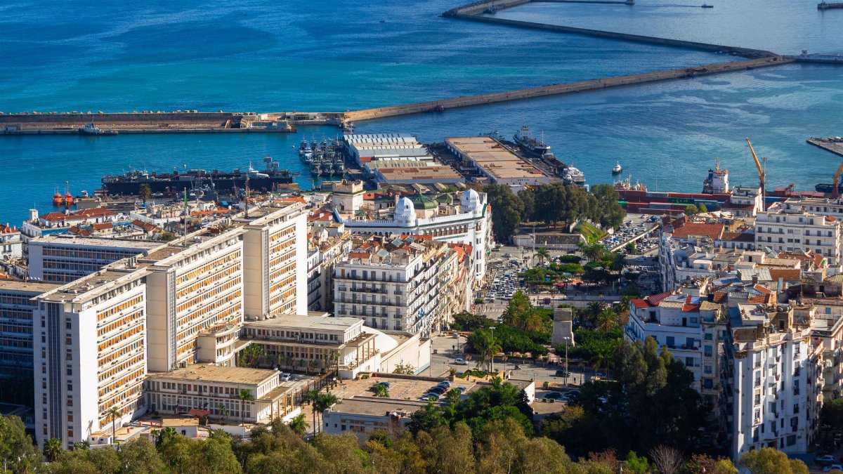 Stunning aerial view of Algiers cityscape featuring the bustling port area on a sunny day.