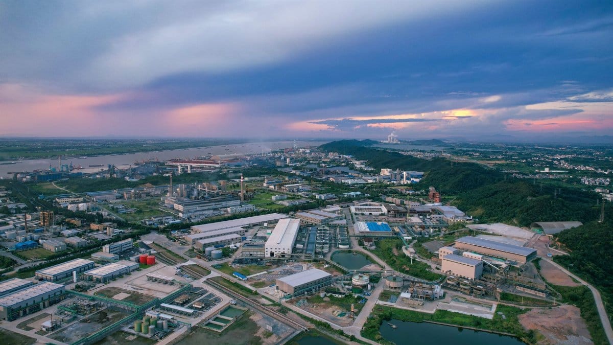 A stunning aerial view of an industrial area at sunset in Jiujiang, China.