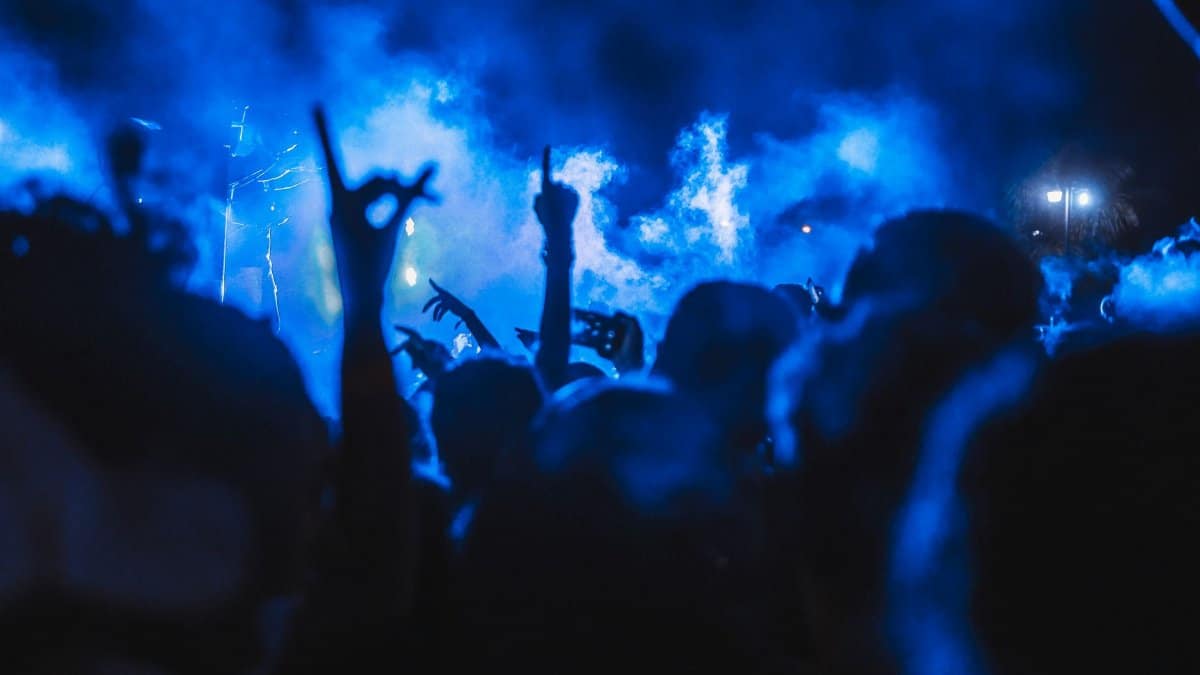 Vibrant crowd enjoying a live concert at night with stunning smoke effects creating a dynamic atmosphere.