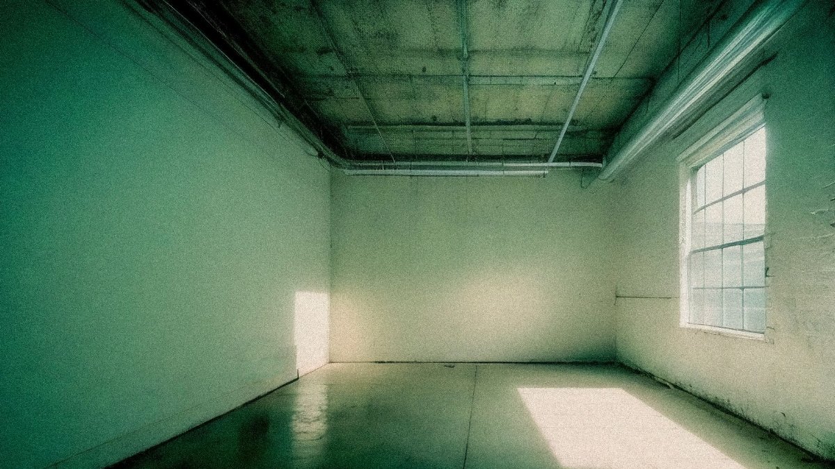 Empty industrial loft space with sunlight filtering through a large window, highlighting concrete walls.
