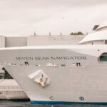 The Seven Seas Navigator docked at Istanbul Modern Museum, showcasing urban and maritime elegance.