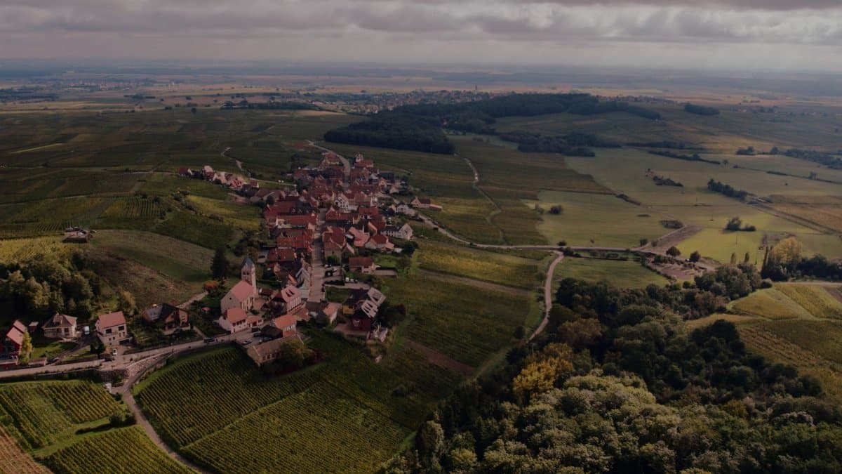 A stunning aerial view of a quaint village surrounded by lush landscapes in Grand Est, France.