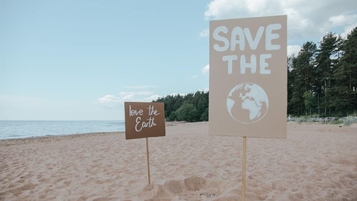 Signs advocating environmental protection on a serene sandy beach.