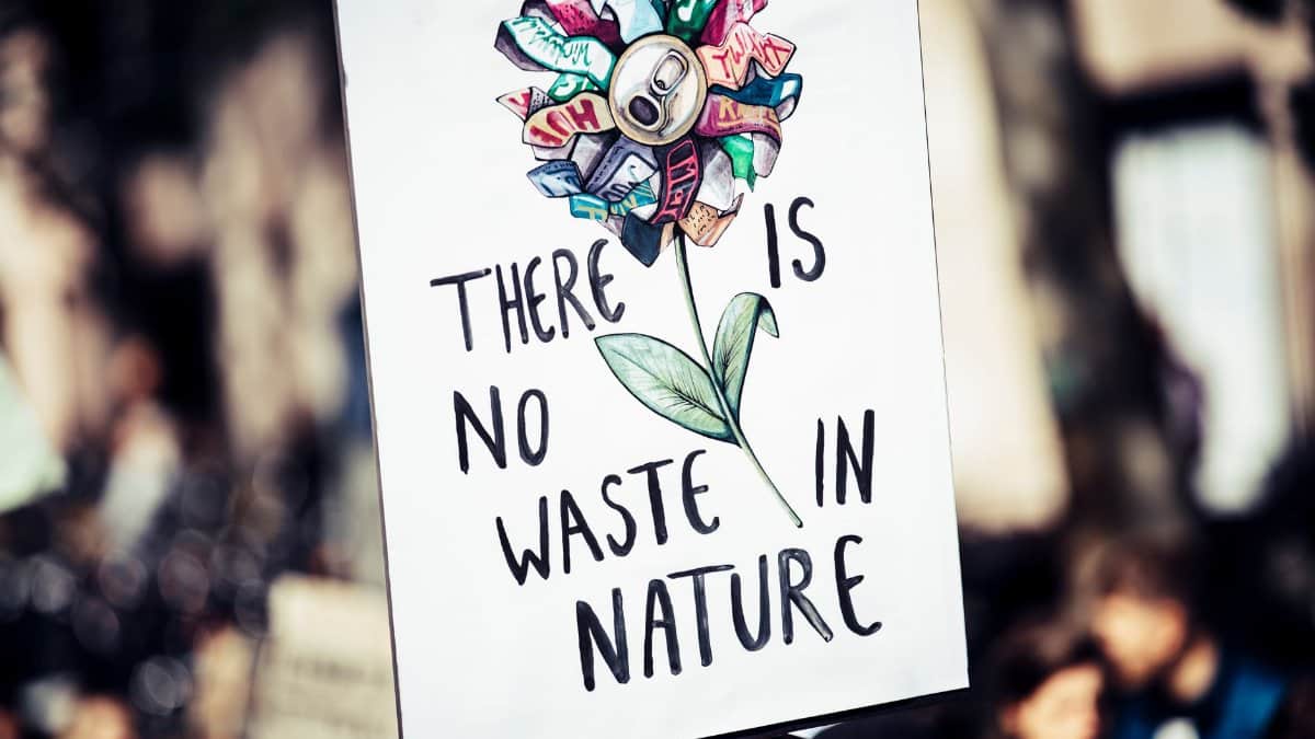 Protest sign featuring a flower made from recycled materials promoting environmental conservation.