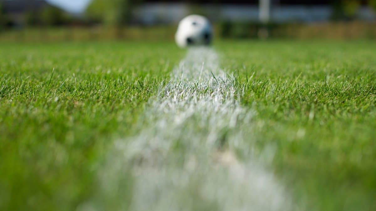 Close-up view of a soccer ball on a lush green football pitch with focus on the grass and line markings.