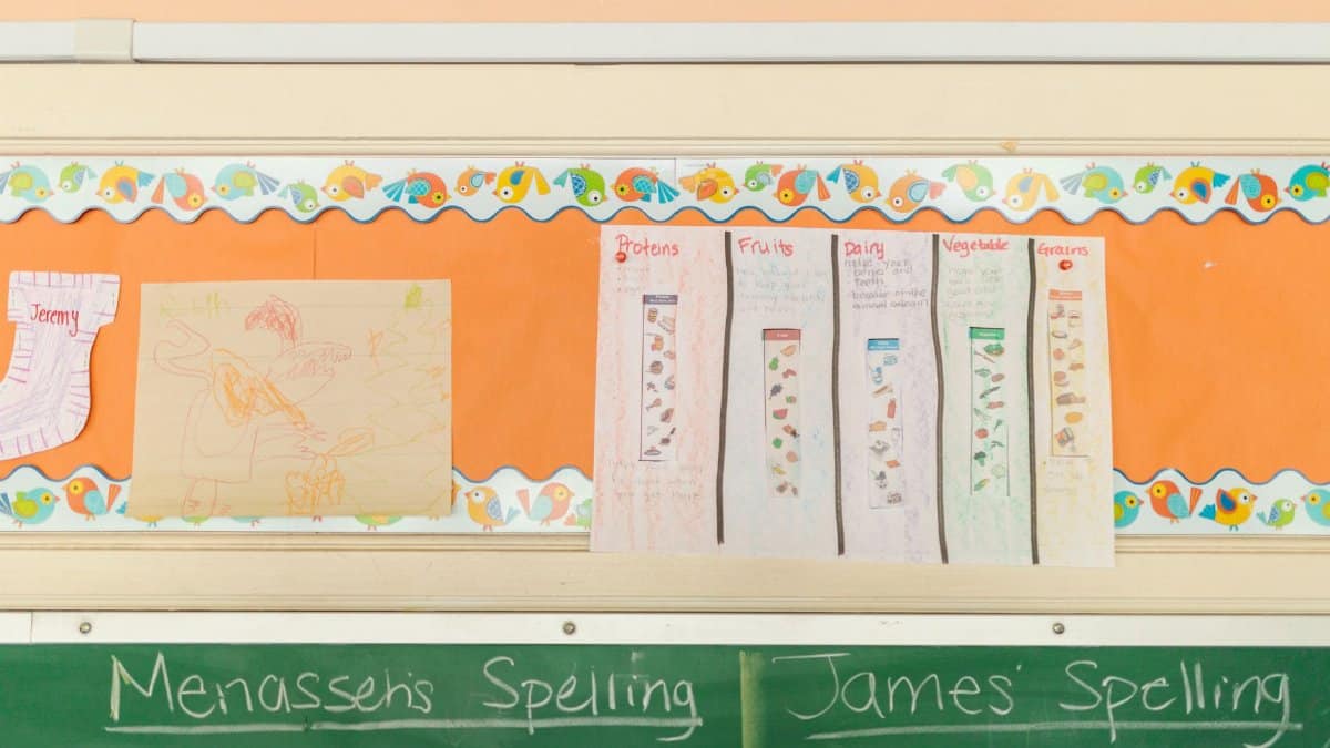 Classroom display featuring a blackboard, educational posters, and children's artwork.