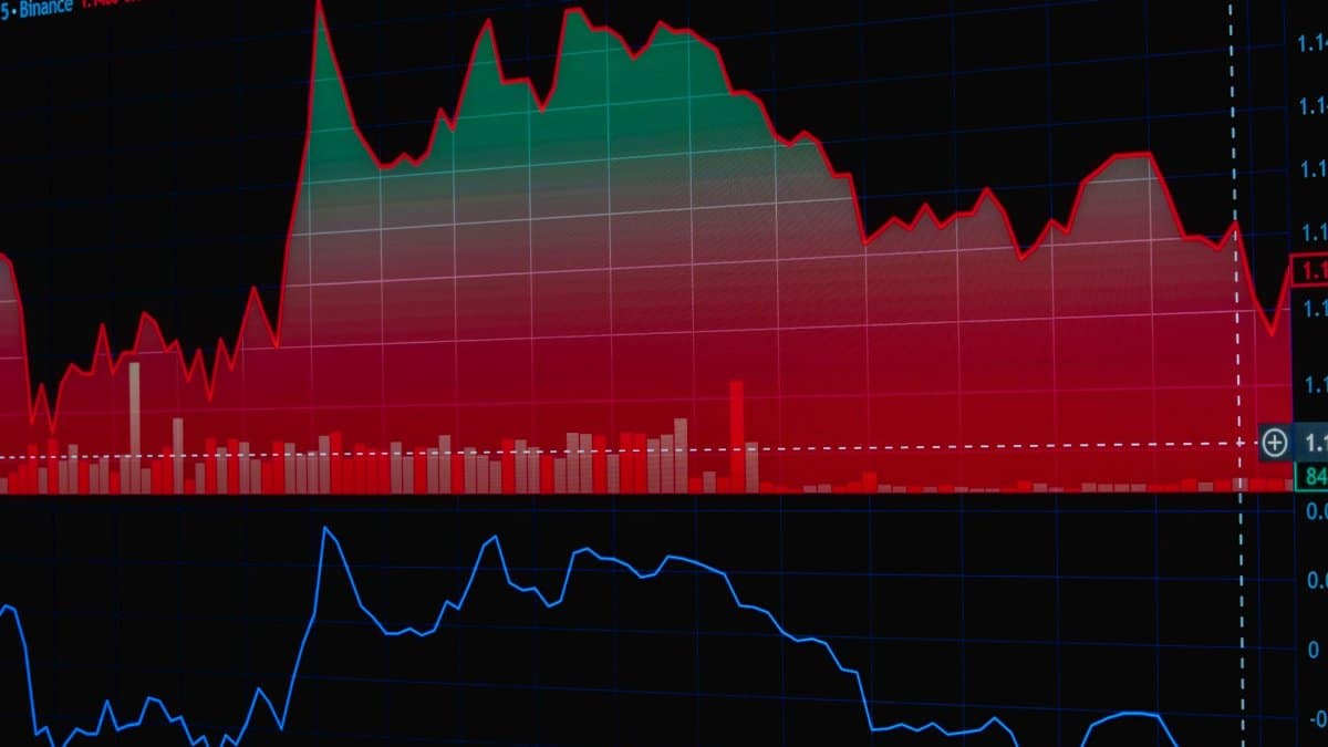Illustration of a stock market chart with red and green data, showing market trends and analytics.