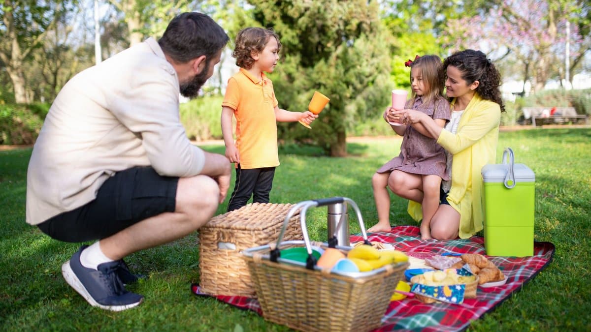 A family enjoying a picnic in a sunny park with a picnic basket and drinks.