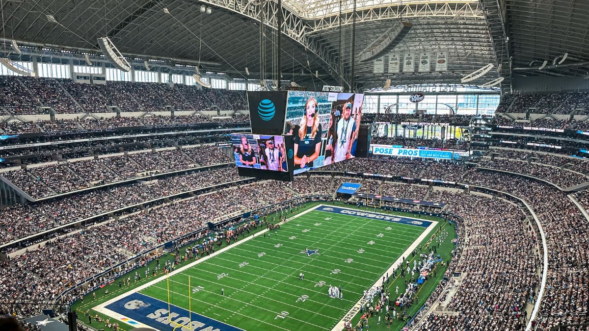 A packed AT&T Stadium in Arlington, Texas, showcasing a thrilling football game with enthusiastic fans.