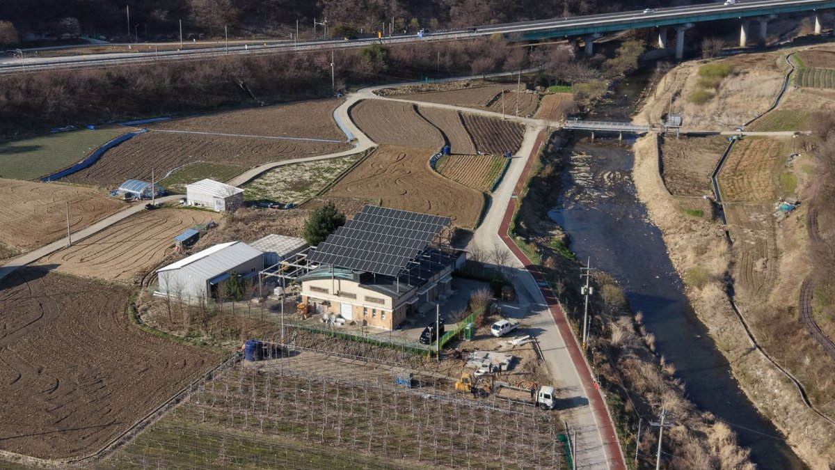 Aerial perspective of rural farmland featuring solar panels, fields, and a river.