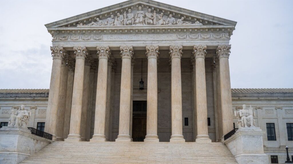 Front view of the iconic US Supreme Court building showcasing its grand columns and classic architecture.
