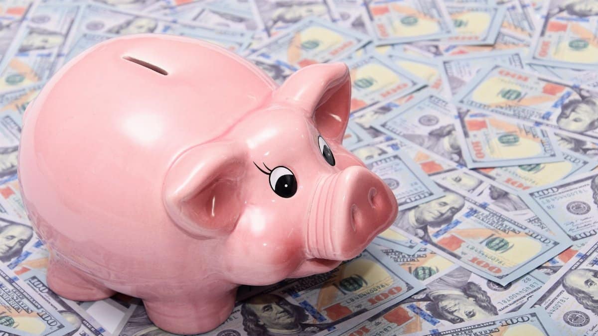 Pink ceramic piggy bank placed on a spread of US dollar bills symbolizing savings and financial security.