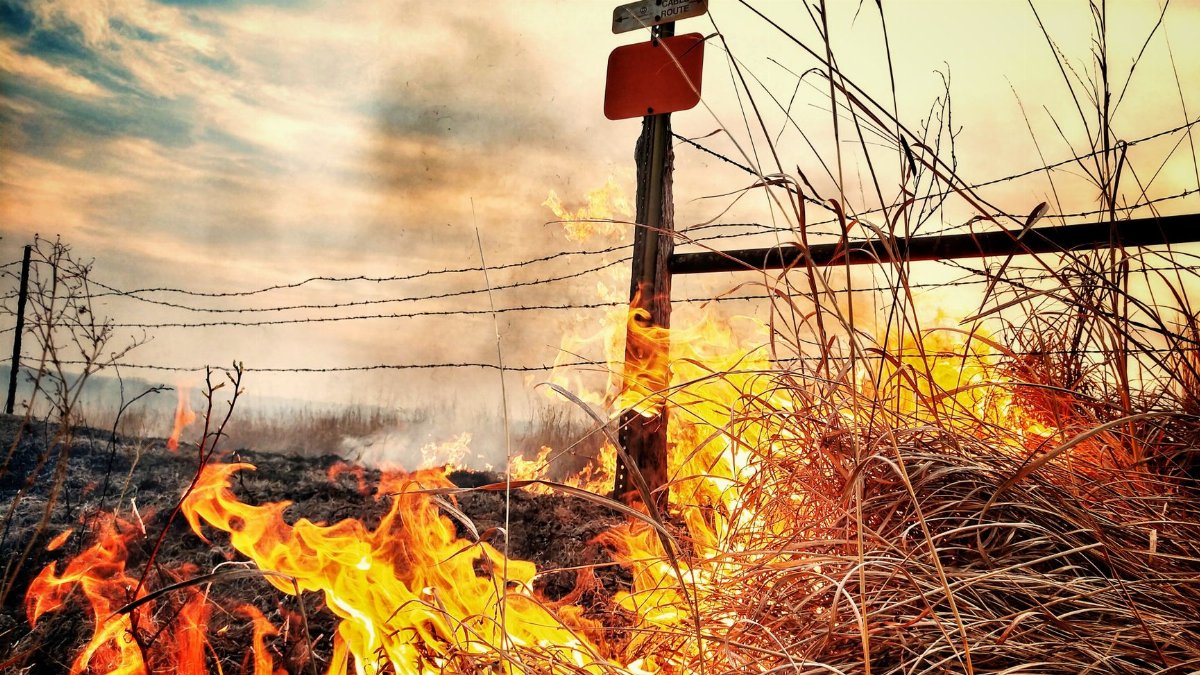 Dramatic image of a grass fire blazing near a barbed wire fence in a rural Kansas field.
