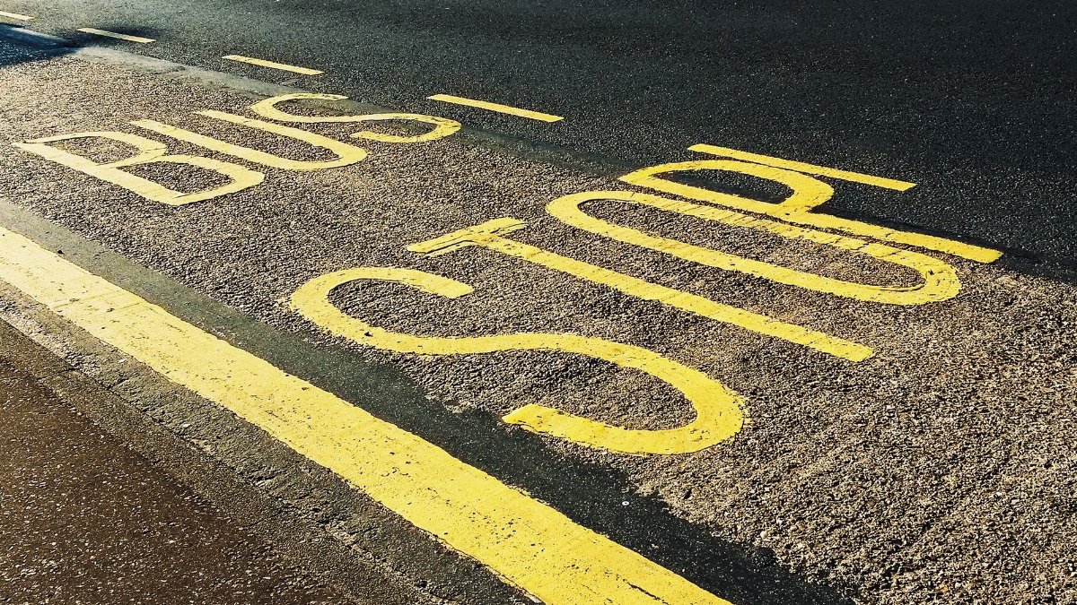 Close-up of a bus stop marking on an urban asphalt roadway with yellow lines.