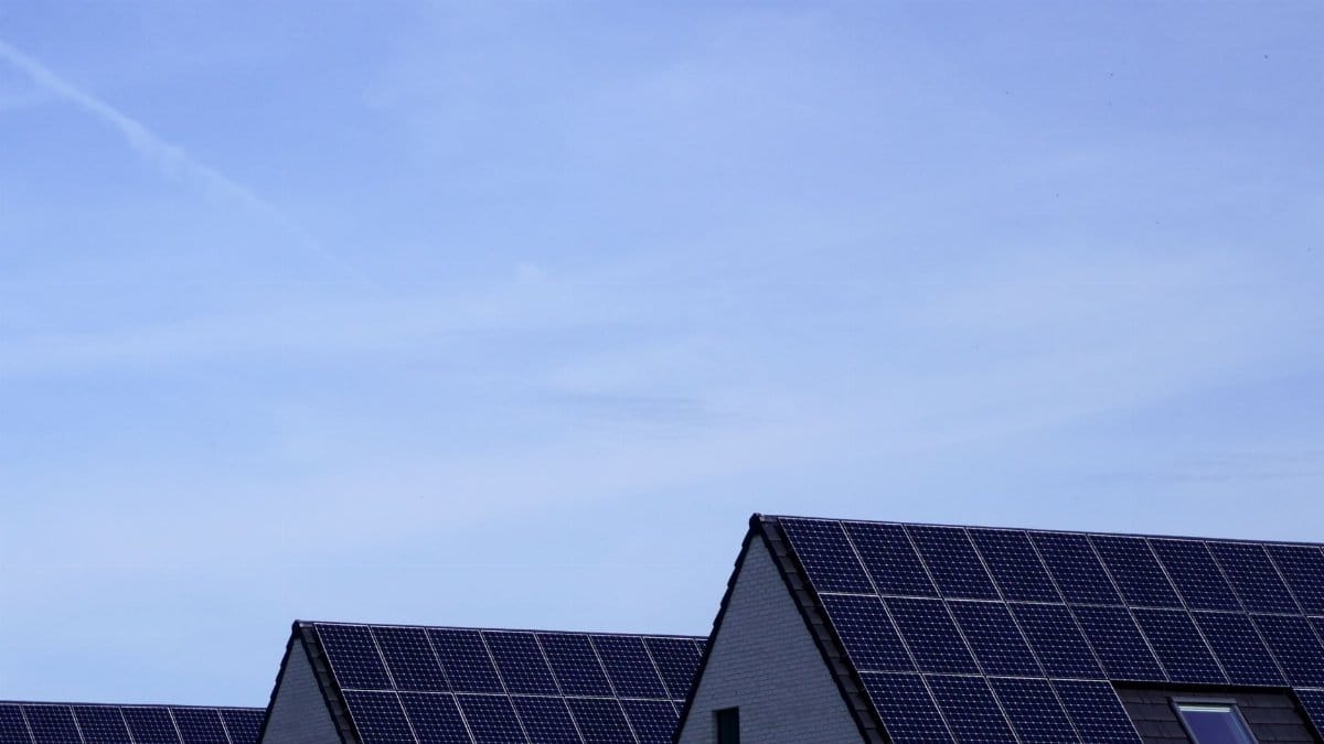 Modern Belgian houses with solar panels on rooftops under a clear blue sky.