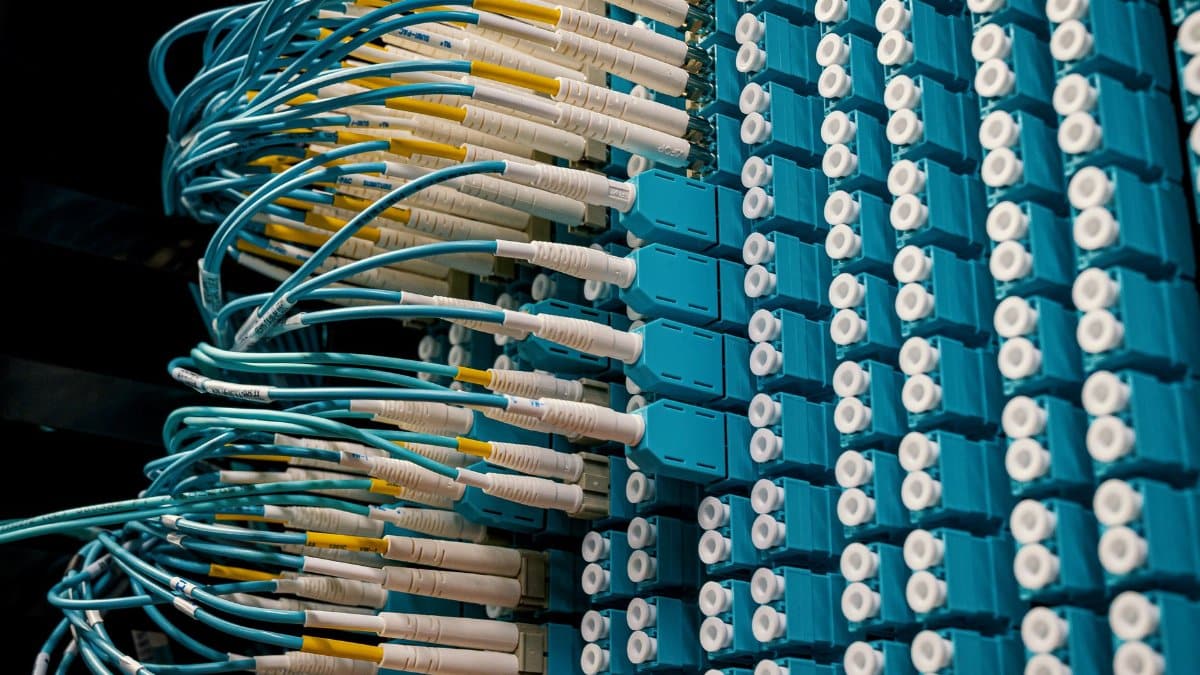 Detailed view of fiber optic patch cables connecting to a blue patch panel in a data center.
