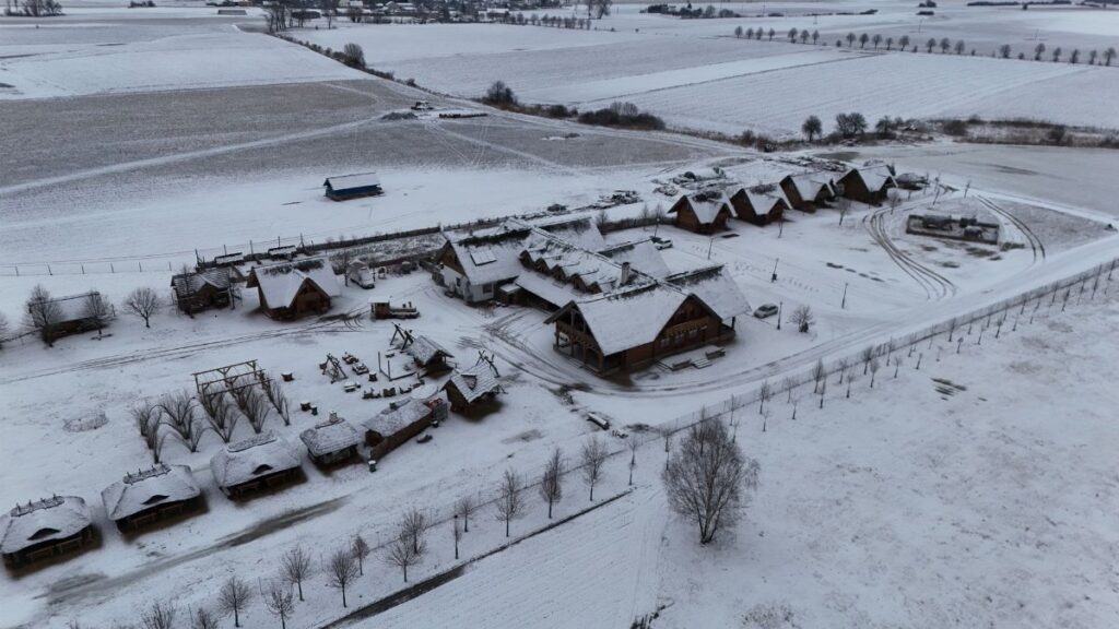 A snowy aerial view of a rural village with houses and fields in winter.