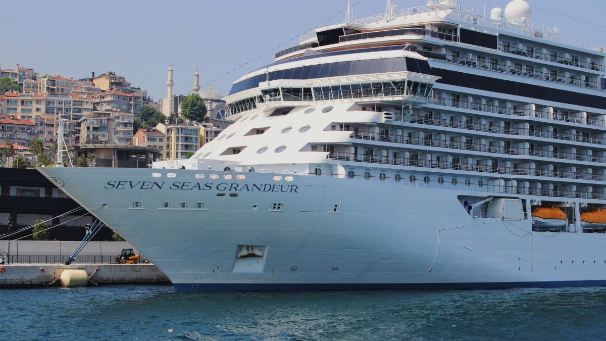 A majestic cruise ship moored in the scenic harbor of Istanbul with cityscape in the background.