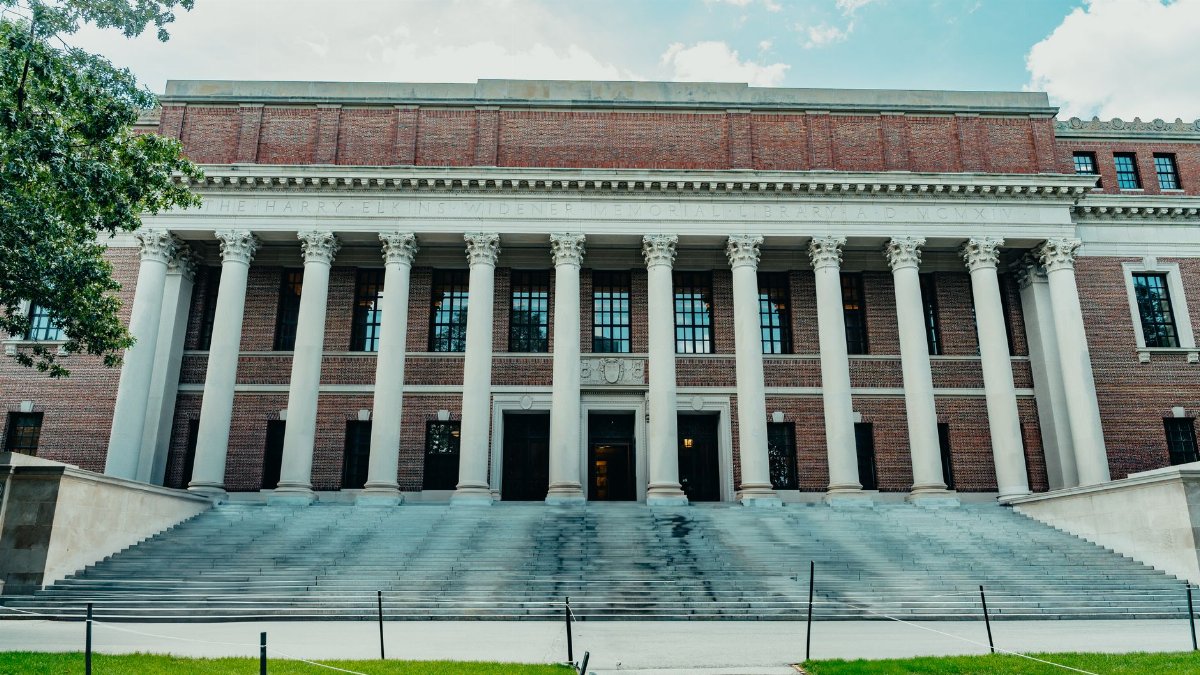 The majestic front façade of Widener Library at Harvard University, Cambridge, with classic columns and vast steps.