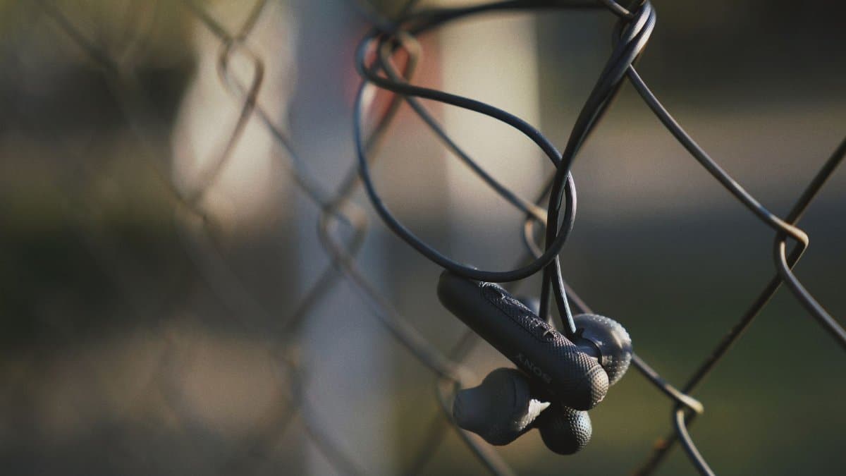 Close-up of wireless earbuds hanging on a wire fence in soft outdoor lighting, showcasing modern technology.