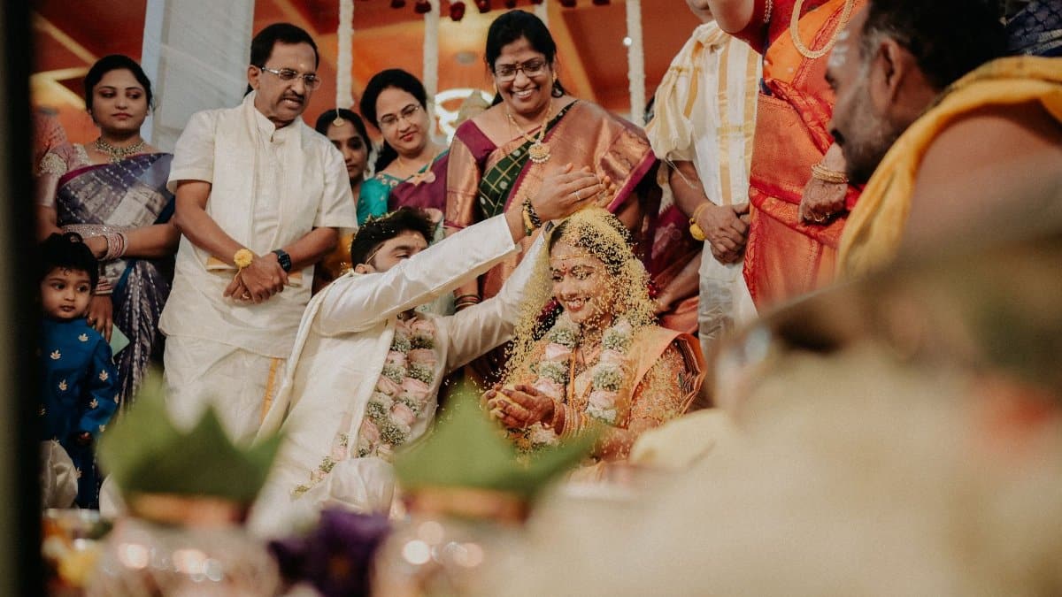 A vibrant Indian wedding ceremony with family and traditional rituals.