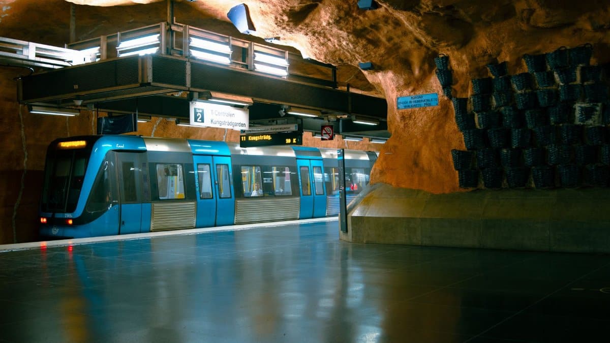 Artistic view of Stockholm's blue metro line at Kungsträdgården Station.