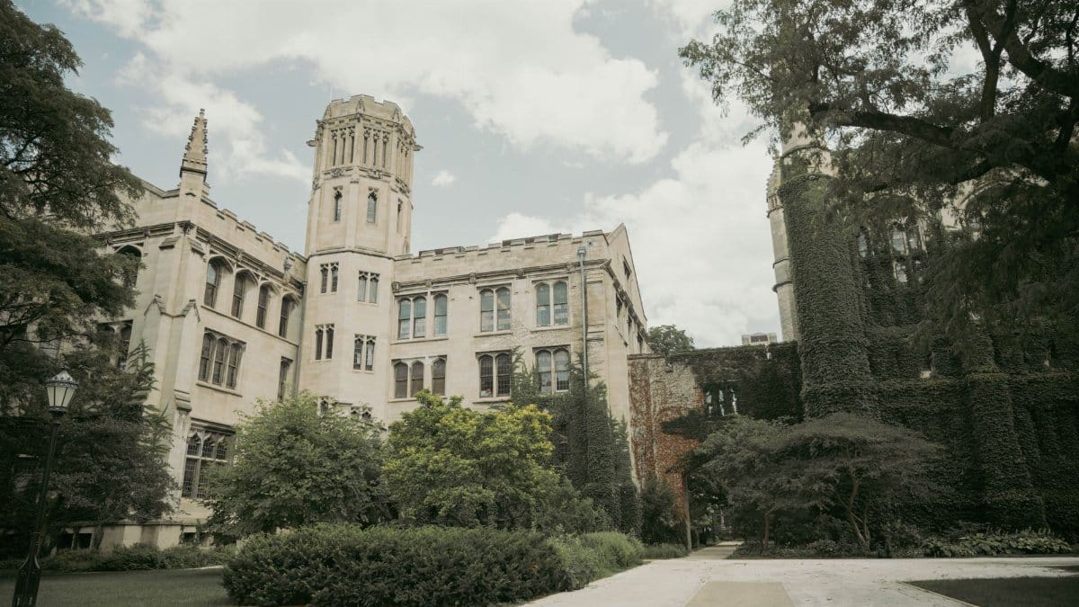 Stunning Gothic architectural details of a historic university building in Chicago, surrounded by lush greenery.