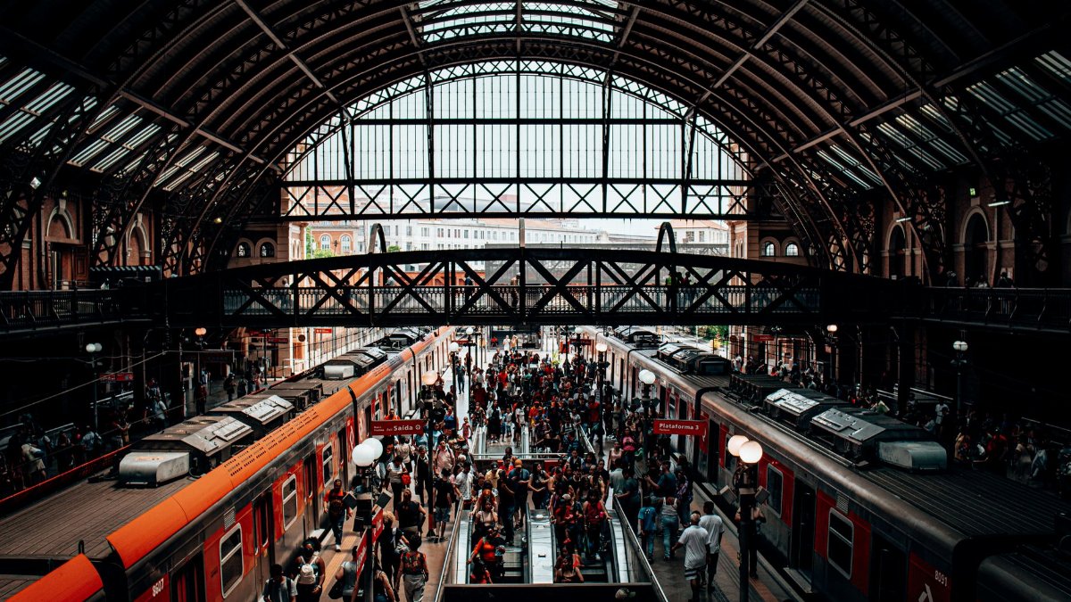 A bustling scene of people at a historic train station with arched roof and platforms.