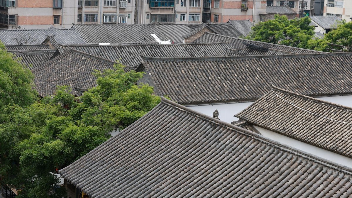 Aerial perspective showcasing traditional Chinese rooftops amidst modern city buildings.