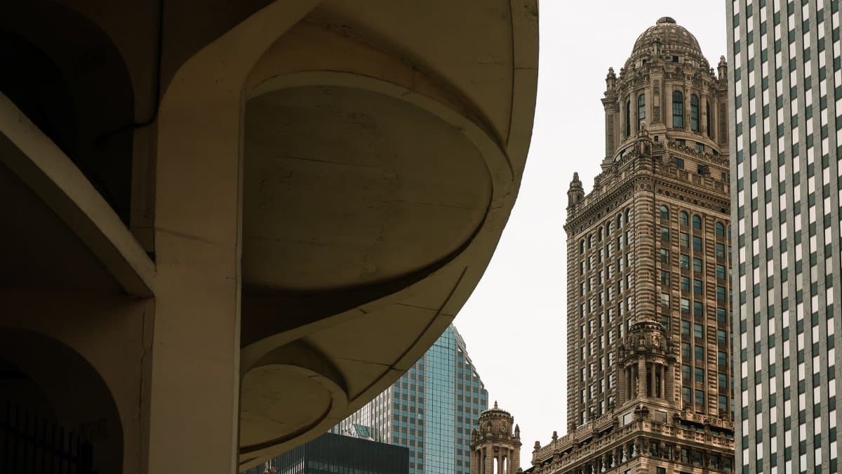 A unique view of Chicago's historical and modern architecture juxtaposed against the city skyline.
