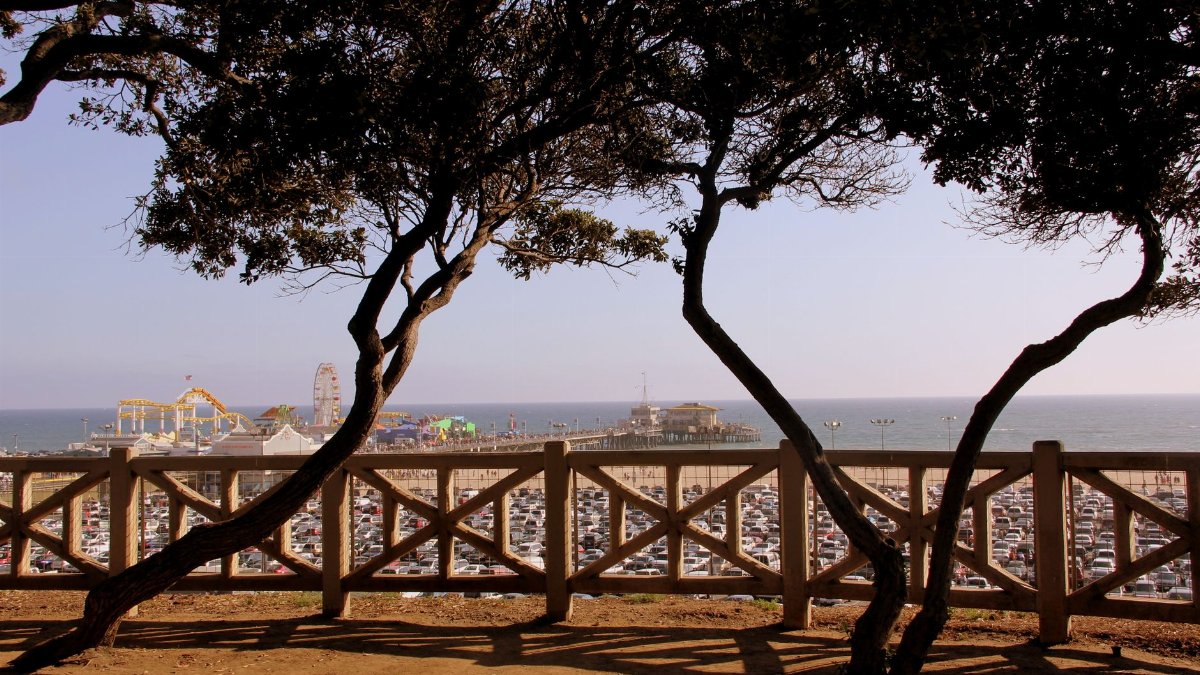 A beautiful view of Santa Monica Pier framed by trees, showcasing a sunny summer day by the sea.