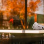 Warm ambiance at a restaurant table with a view of autumn leaves and soft lighting.