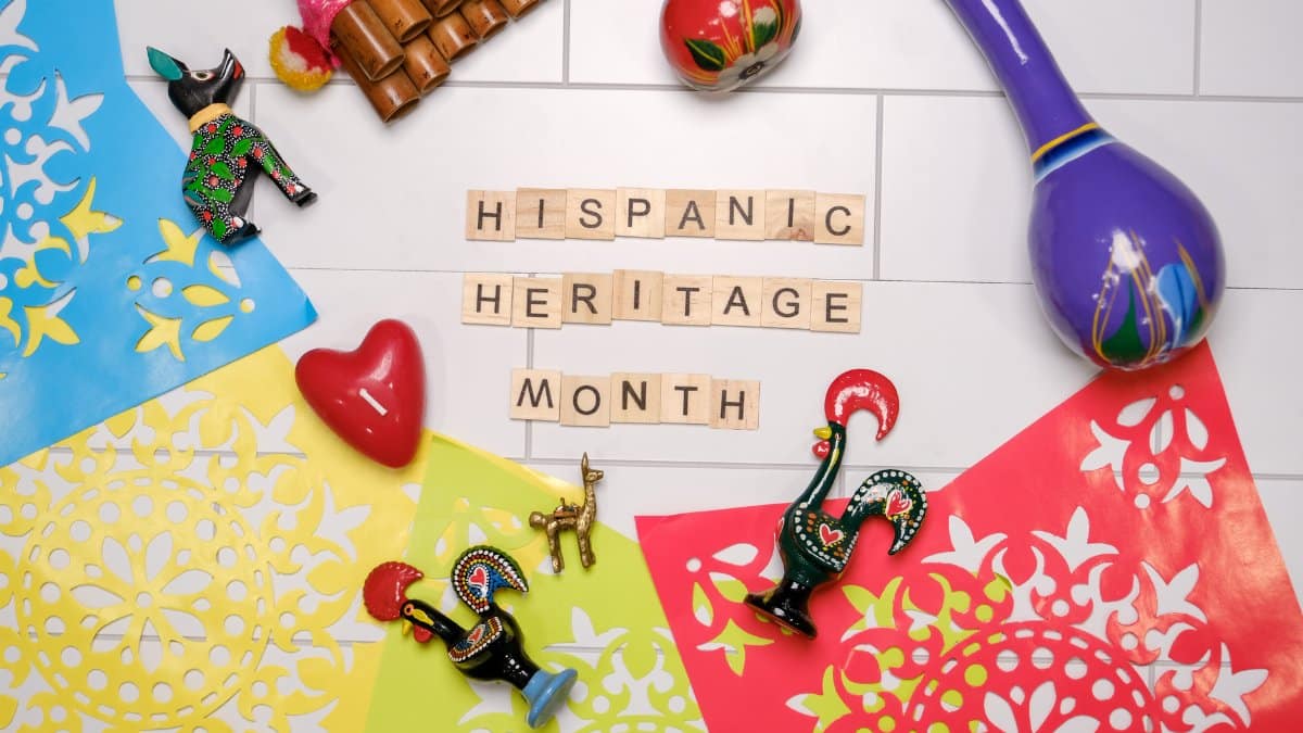 Colorful flat lay with Latin American crafts celebrating Hispanic Heritage Month.
