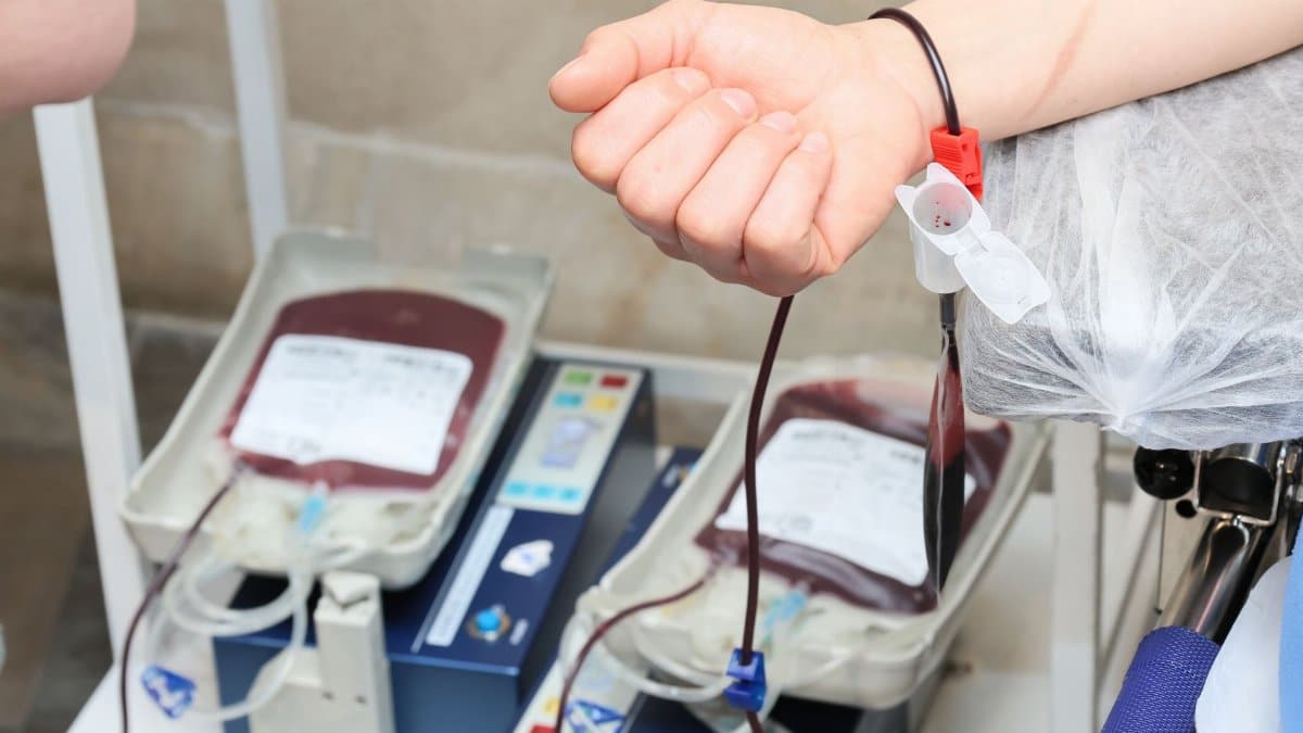 Close-up of blood donation process showing a donor's arm and blood bags in a clinic.