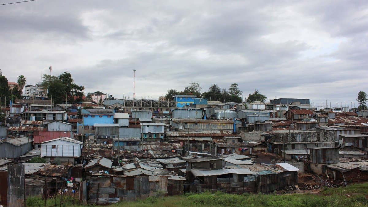 Expansive view of Kibera, a densely populated area in Nairobi, showcasing urban poverty.
