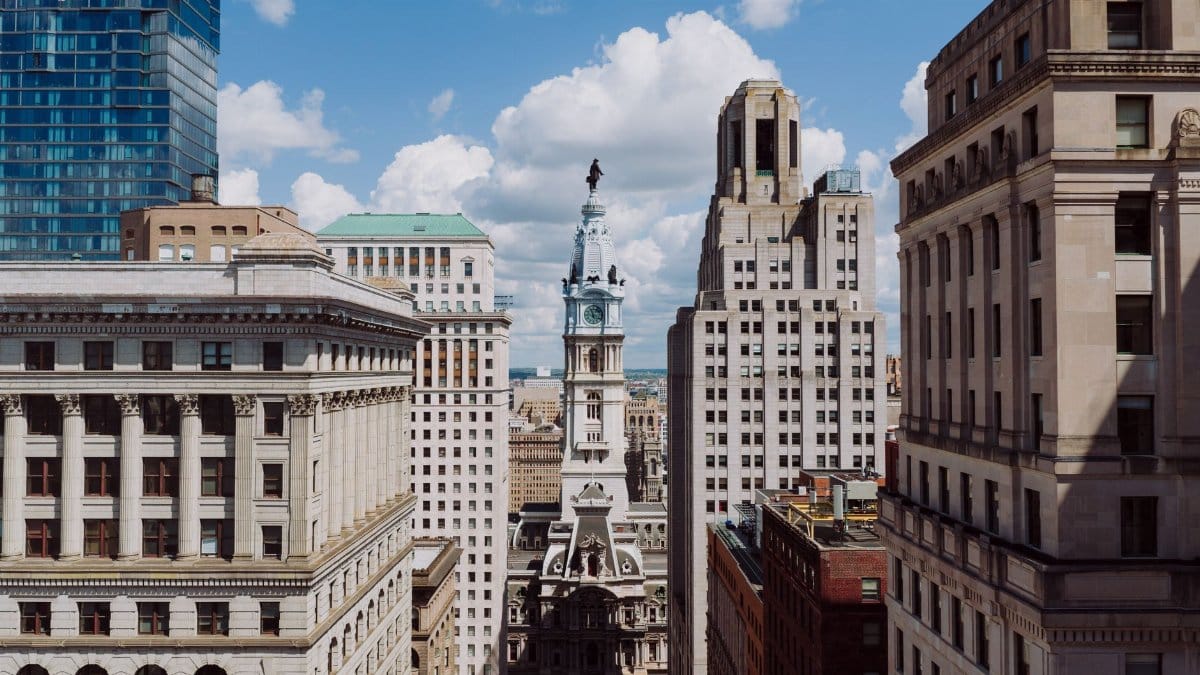 A stunning view of Philadelphia's skyline with the iconic City Hall in the center.