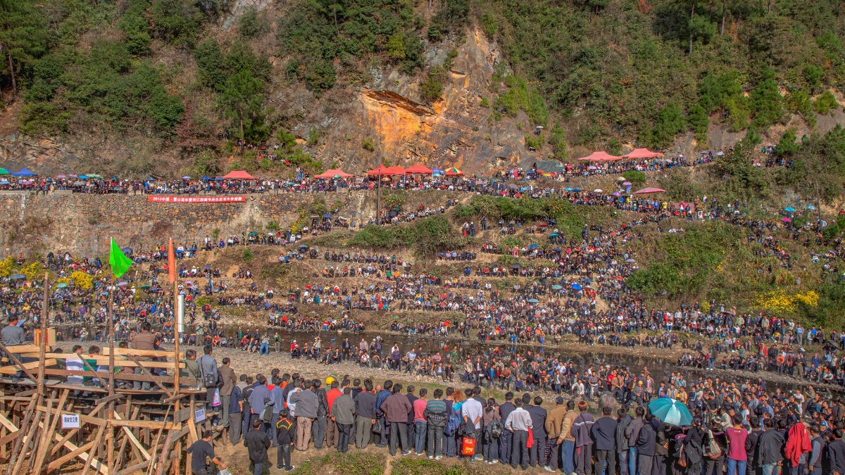 Dense crowd assembles on terraced hillside for a local festival in Guizhou, showcasing vibrant cultural gathering.