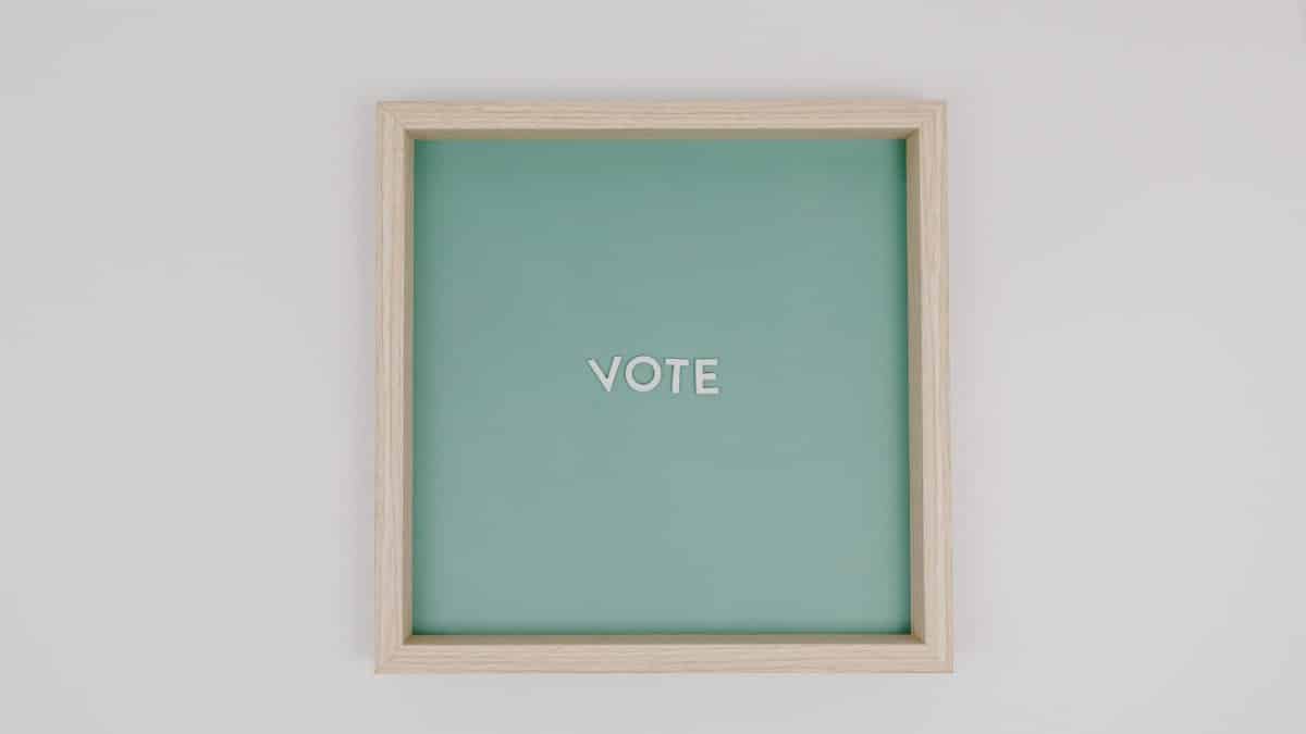 Minimalist wooden frame with 'Vote' text on green backdrop, white background.