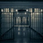 Moody interior of a prison corridor with metal bars, evoking a sense of confinement.