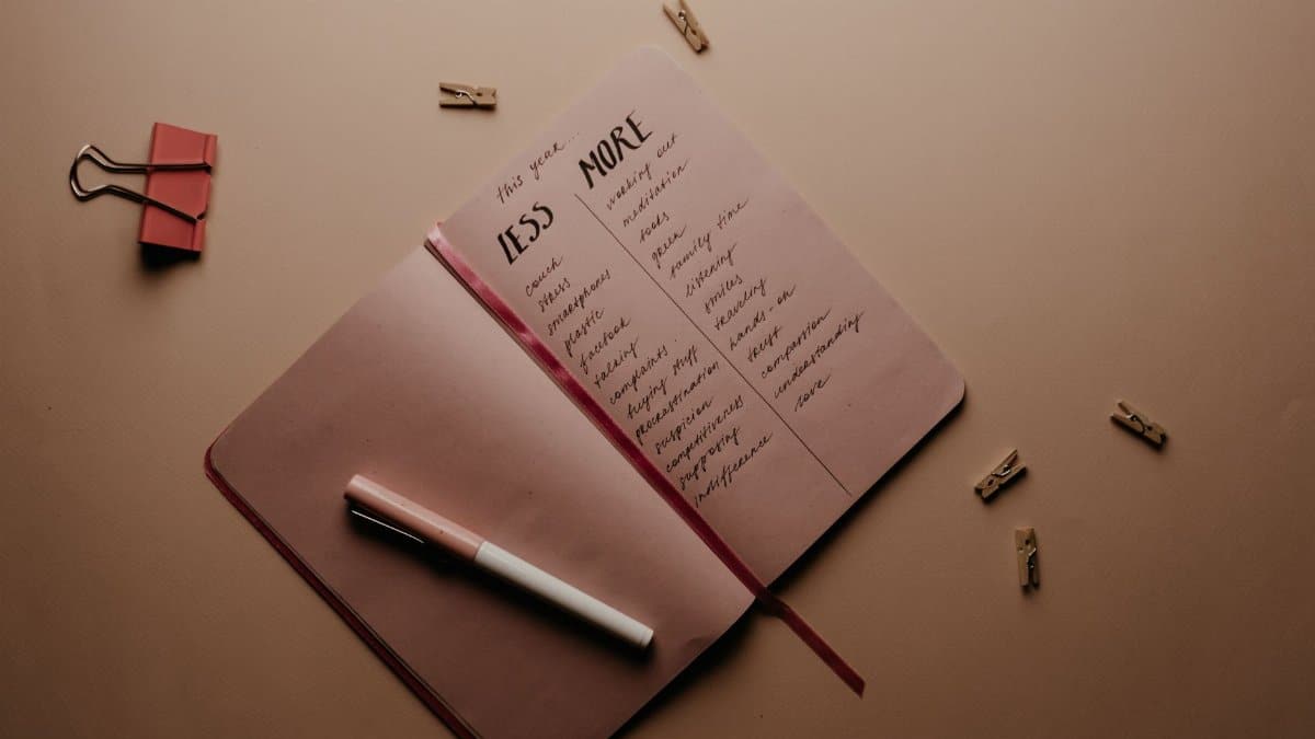 Open journal with handwritten goals and priorities for the year, captured in a warm flat lay style.